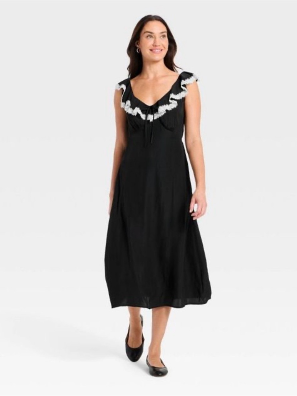 Women Black Ruffled V-Neck Midi A-Line Lace Dress- Universal Thread